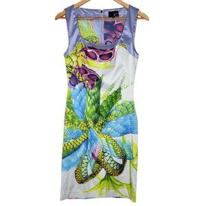 Just Cavalli Purple / Green Floral Print Satin‎ Sheath Dress Size 44 / 8